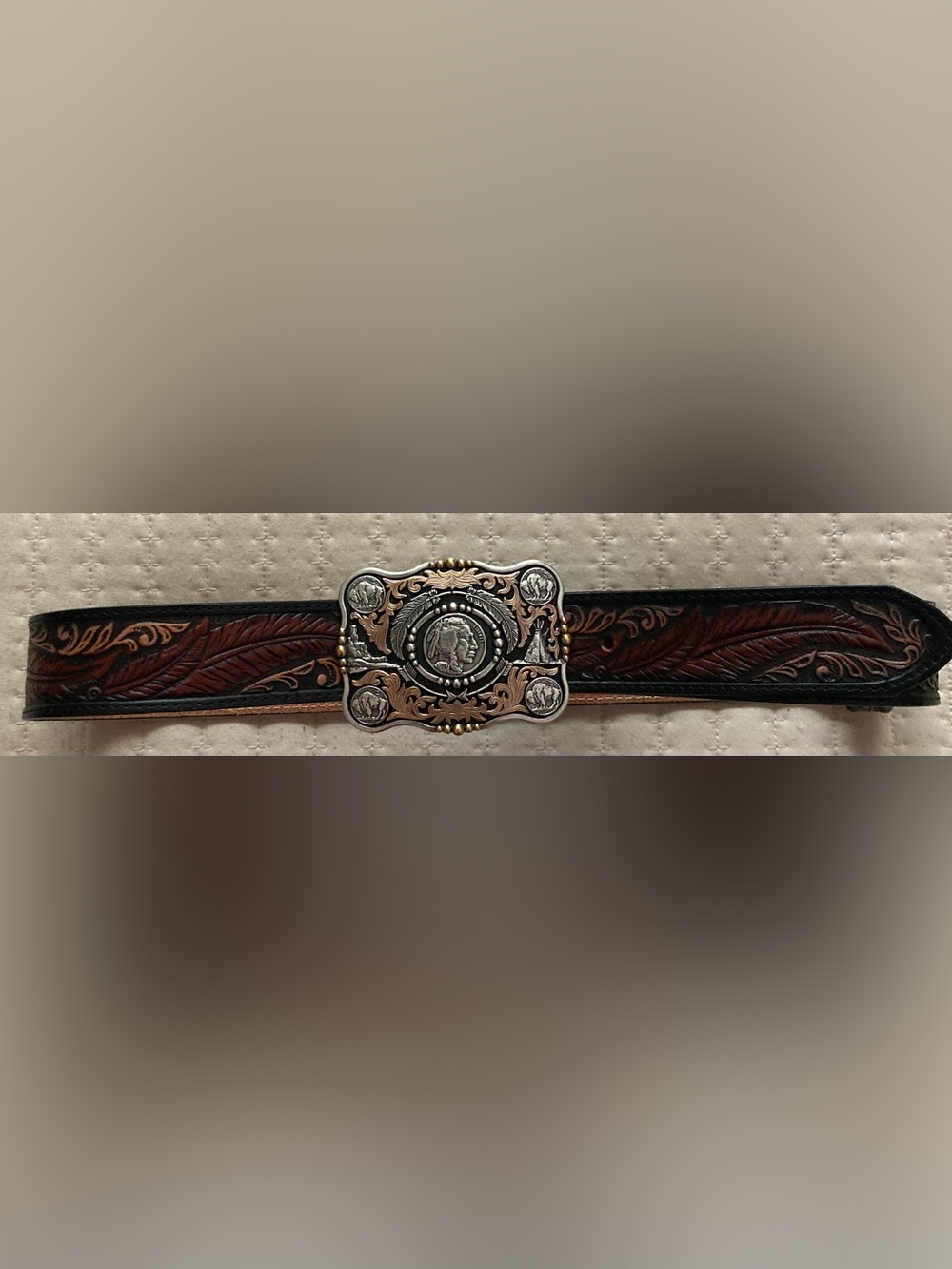 Justin Tooled Brown Leather Belt Men’s 32 Brown Indian Head Belt Buckle